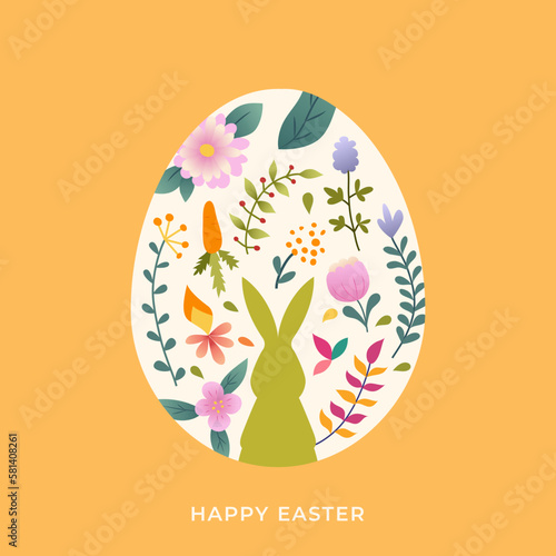 Happy Easter banner. Trendy Easter design flowers and bunny in pastel colors. Greeting card with a silhouette of an egg on a yellow background with decorative floral elements