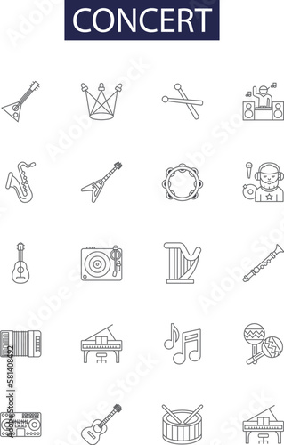 Concert line vector icons and signs. Gig, Show, Event, Performance, Band, Singers, Audience, Stage outline vector illustration set