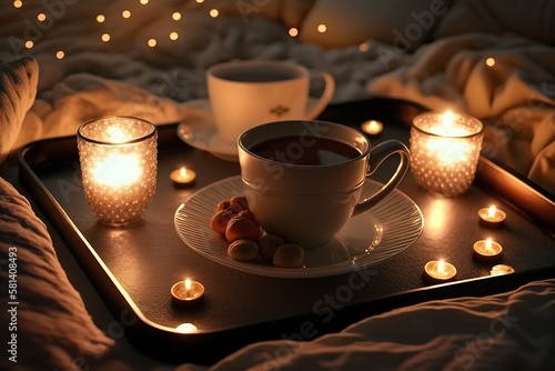 Cup of hot tea with burning candles on tray in bed over Christmas lights close up Night time atmosphere at home. Generative AI