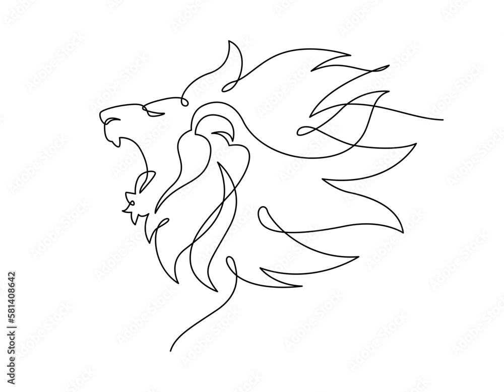 Lion roaring portrait side face, Continuous line art drawing style