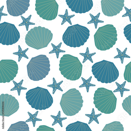 Seashell seamless pattern. Clams background, seashells print. Sea and ocean shells, summer wallpaper with coral. Marine decent vector design
