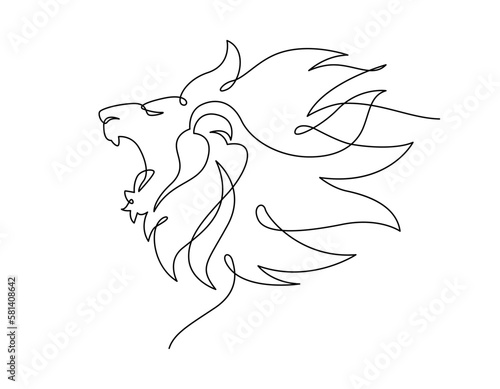 Lion roaring portrait side face, Continuous line art drawing style, Design template linear minimal style. Vector design illustration.