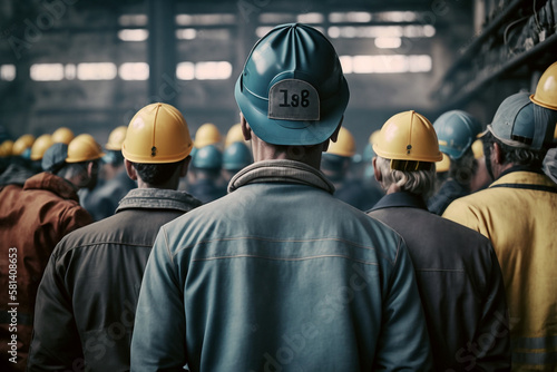 Group of workers with yellow helmets in the factory, seen from behind - Ai generative