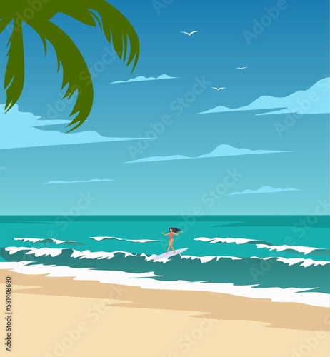 Surfing girl on the beach summer 