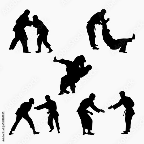 Silhouettes judoist, judoka, fighter in a duel, fight, judo sport. Martial art. Sportsmanship. Sport silhouettes pack