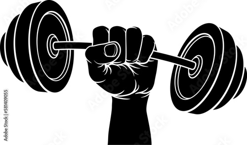 A weight lifting or weightlifting fist hand holding a heavy barbell or dumbbell concept. photo