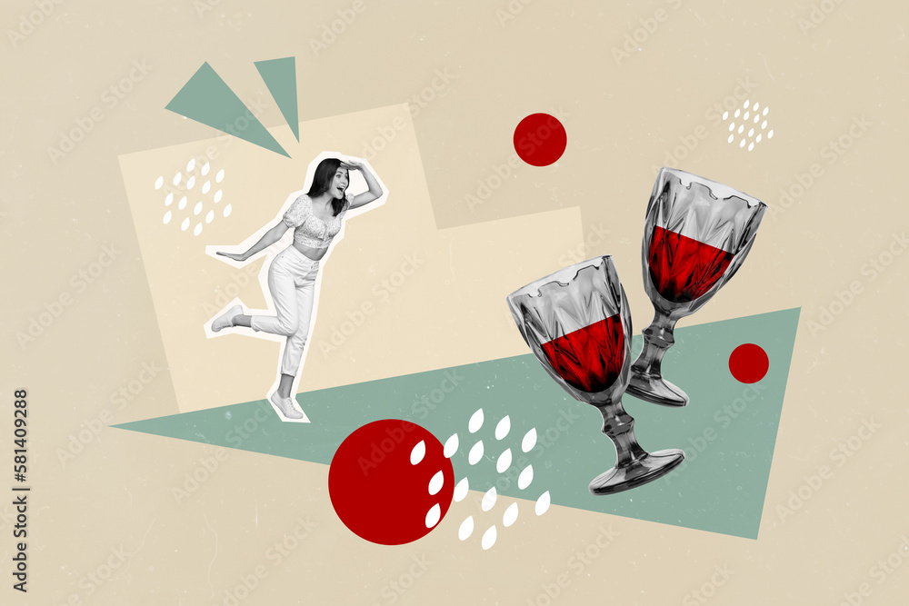 Exclusive painting magazine artwork image of cheerful glad lady looking ahead dream weekend tasty wine isolated on drawing background - obrazy, fototapety, plakaty 