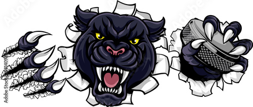 A panther ice hockey player animal sports mascot holding a puck