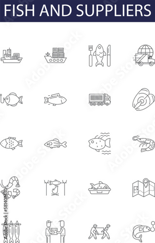 Fish and suppliers line vector icons and signs. Suppliers, Trade, Fisheries, Mariculture, Commercial, Breeding, Collaboration, Aquaculture outline vector illustration set