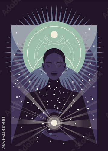 Goddess of Fortune with a crystal ball. Mythology. Dark night. Paganism and religion. Vector flat illustration