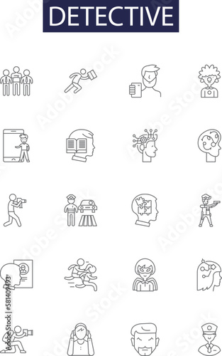 Detective line vector icons and signs. Sleuth, Searcher, Spy, Enquirer, Analyst, Inspect, Probe, Examine outline vector illustration set