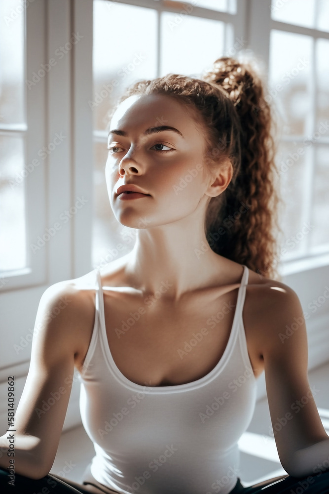 Young and beautiful girl does yoga in a relaxing and very bright environment - Ai generative Young and beautiful girl does yoga in a relaxing and very bright environment - Ai generative