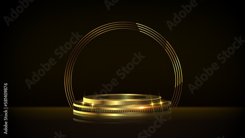 Black Gold Award Background. Golden Rays Jubilee Night Decorative Invitation. Blank Empty Stage platform. Wedding Entertainment Hollywood Bollywood Night. Elegant Luxury Steps Floor.