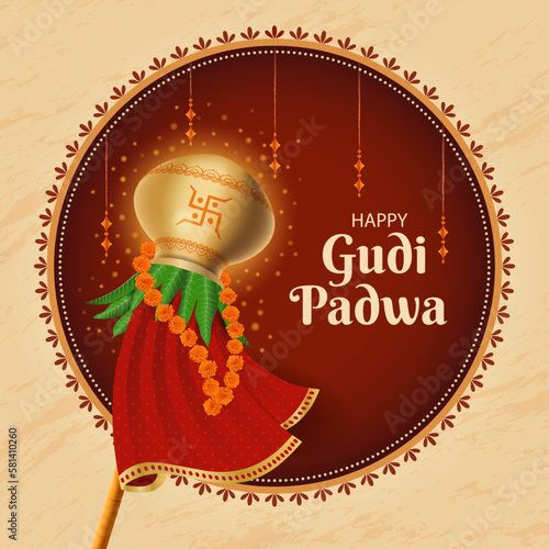 Happy Gudi Padwa Hindu Festival Greeting Card Background. Creative Banner Or Poster of Occasion Gudi Padwa Celebration. Lunar New Year Background