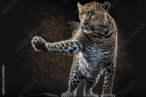 Beautiful spotted leopard big cat standing up on hind legs raising paws before jumping up, AI generated