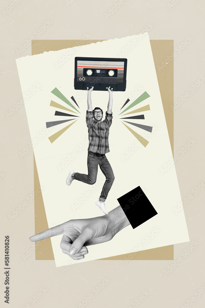 Vertical collage caricature picture image of positive cheerful man listening music old cassette isolated on drawing background - obrazy, fototapety, plakaty 