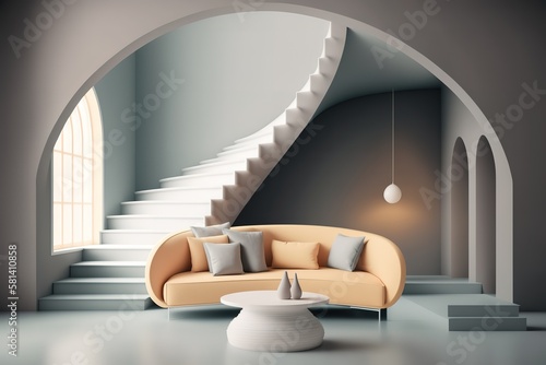 Modern minimalistic interior with sofa, arch and stairs illustration mockup. Generative AI