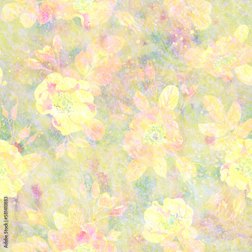Gentle watercolor style seamless wallpaper with floral ornament. Raster seamless pattern with flowers. Design for packaging, wrapping, invitation card. Printing on fabric and paper.
