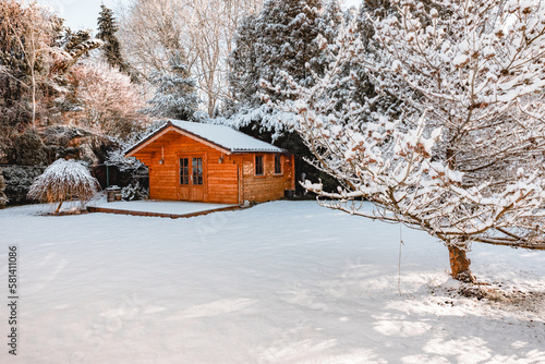Nice cabin in the woods. Hunting cabin in Sweden, in winter. resort in winter. Ski vacation in Norway. Ecological living