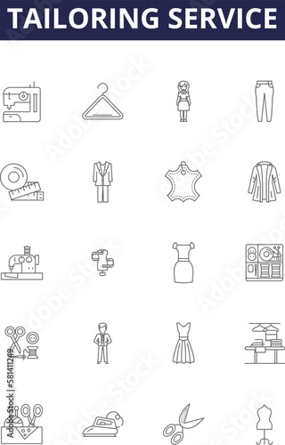 Tailoring service line vector icons and signs. Alteration, Fitting, Sewing, Custom, Clothes, Garment, Hemming, Clothing outline vector illustration set