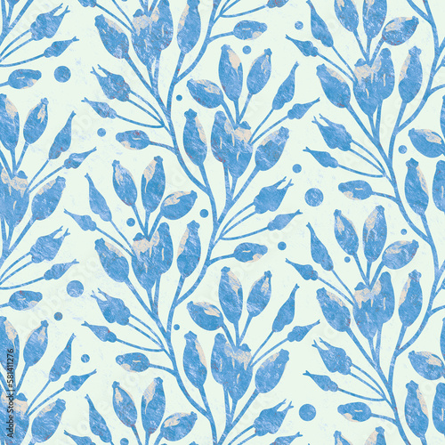 Seamless background with floral ornament. Raster illustration. Blue flowers on a light background. Packaging design, wrappers, wallpapers. Printing on fabric and paper.