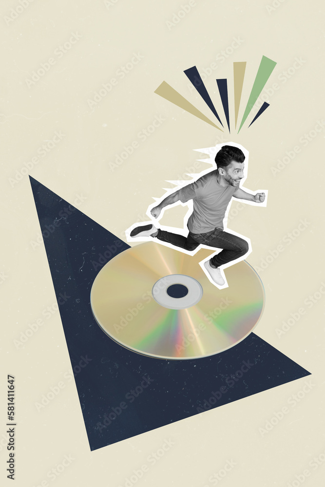 Vertical vintage collage picture image sketch of cheerful glad man turn cd disk play music isolated on drawing background - obrazy, fototapety, plakaty 