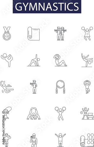 Gymnastics line vector icons and signs. exercise, athlete, body, gym, gymnast, gymnastics, girl,young outline vector illustration set
