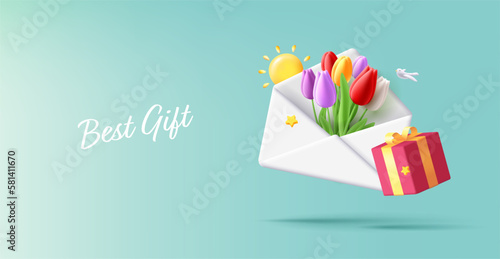 Spring postcard with 3d big white envelope with tulip bouquet inside and gift box, sun and bird around it, render digital composition