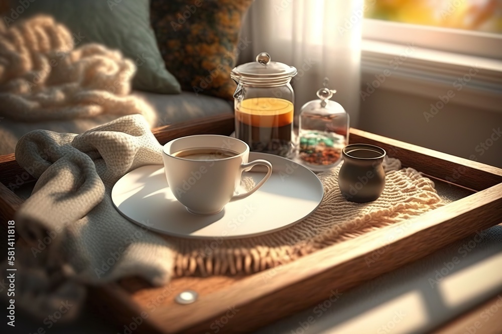 cup of tea and teapot on table. Generative AI cup of tea and teapot on table. Generative AI