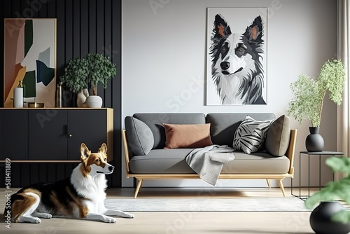 black and white dog in a room. Generative AI