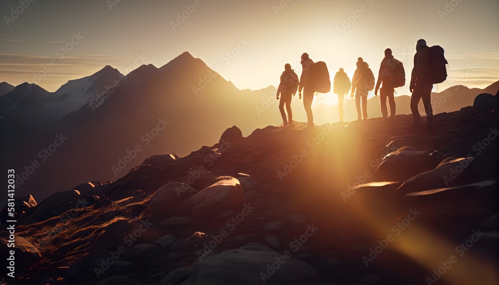 Fototapeta premium Trekking group walking on top of the mountain in a row, sunrise. Generative AI