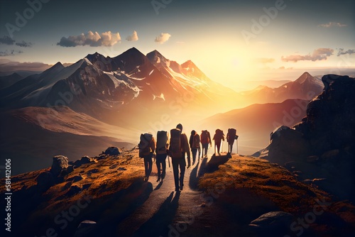 Trekking group walking on top of the mountain in a row  sunrise. Generative AI