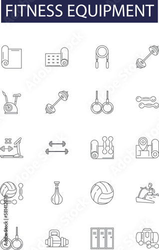 Fitness equipment line vector icons and signs. Ellipticals, Rowers, Stationary Bikes, Steppers, Weight Machines, Free Weights, Barbells, Benches outline vector illustration set