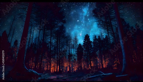 Thick forest at night under the milky way galaxy. Generative AI