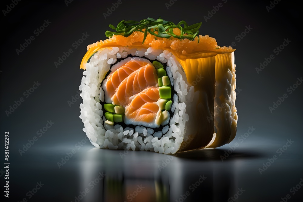 Sushi plates, photography, solid color background. Generative AI Sushi plates, photography, solid color background. Generative AI
