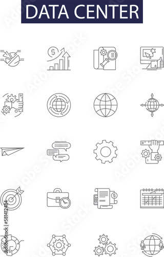 Data center line vector icons and signs. center, server, computing, storage, backup, architecture, network, facility outline vector illustration set