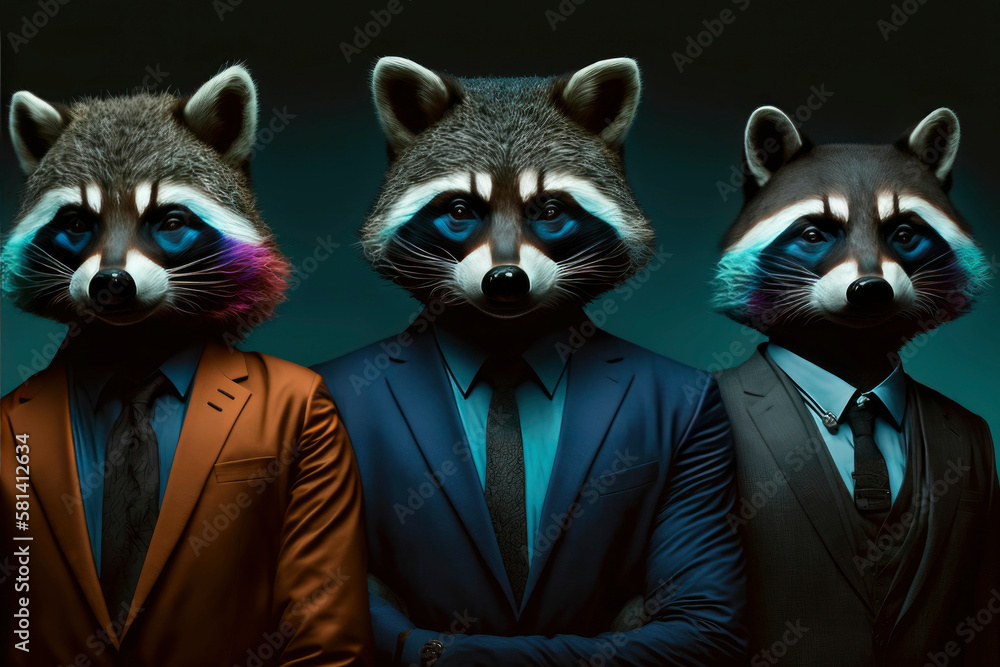 Group portrait of raccoon businessman with suits ,made with Generative AI