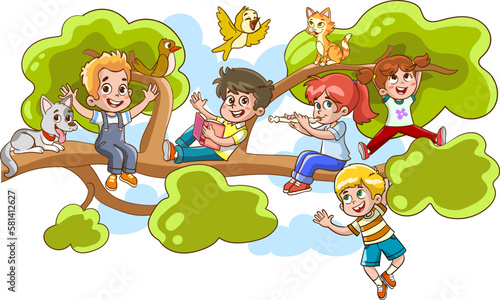 Children hung on a tree branch on sunny day cartoon vector