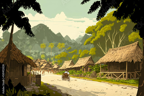 Malay village with houses and tall trees ,made with Generative AI photo