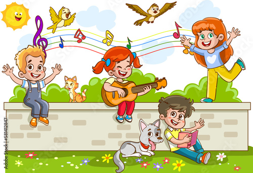 Children playing on the wall and singing