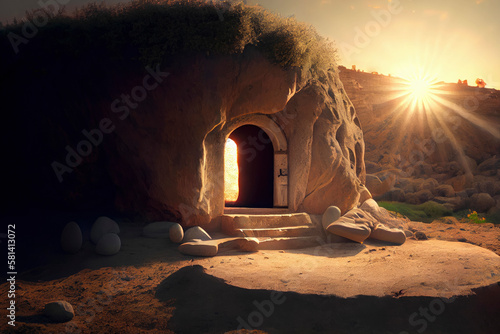 Empty tomb at sunrise. Easter concept ,made with Generative AI