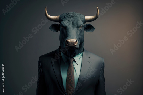 Portrait of a bull dressed in a formal business suit ,made with Generative AI
