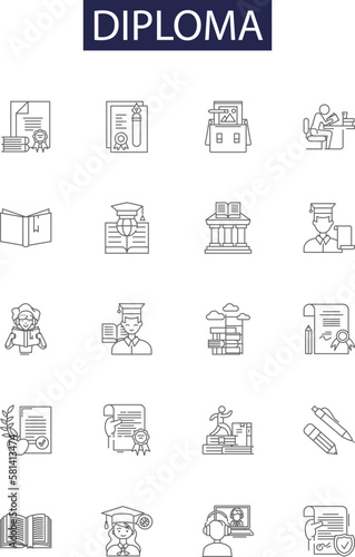 Diploma line vector icons and signs. Certification, Qualification, Accreditation, Credential, Award, Credence, Honor, Endorsement outline vector illustration set
