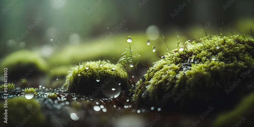 Close up macro shot of moss and small shrubs during rain in a forest environment - generative AI Close up macro shot of moss and small shrubs during rain in a forest environment - generative AI