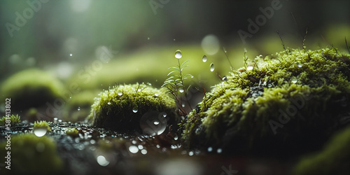 Close up macro shot of moss and small shrubs during rain in a forest environment - generative AI © Alan
