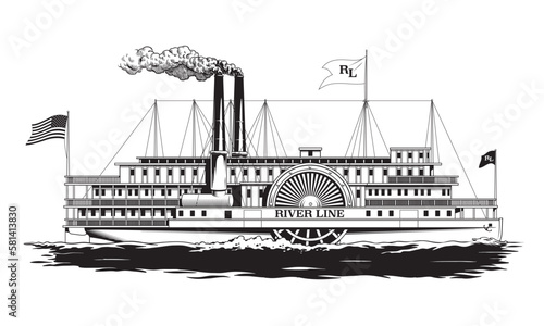 Paddle steamer, wheel steamboat, passenger riverboat or retro boat isolated on white background, engraving or etching style black and white vector illustration