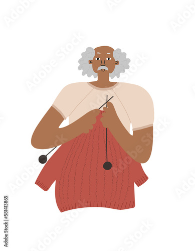 Senior man with moustache knitting a sweater. Concept of people diverse hobby available for everyone and rejection of stereotypes.