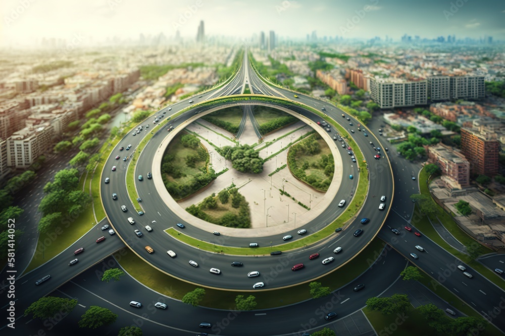 Panoramic view of Public transport or commuter city life concept, expressway car traffic transportation above circle roundabout road in an Asian city, AI generated