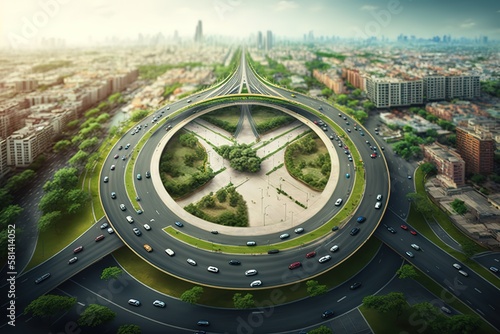 Panoramic view of Public transport or commuter city life concept, expressway car traffic transportation above circle roundabout road in an Asian city, AI generated