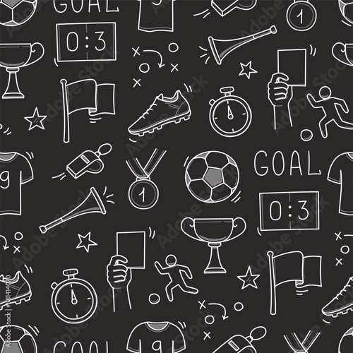 Soccer doodle seamless pattern. Football goal, award cup, whistle hand drawn line doodle sketch style equipment icon. Vector illustration